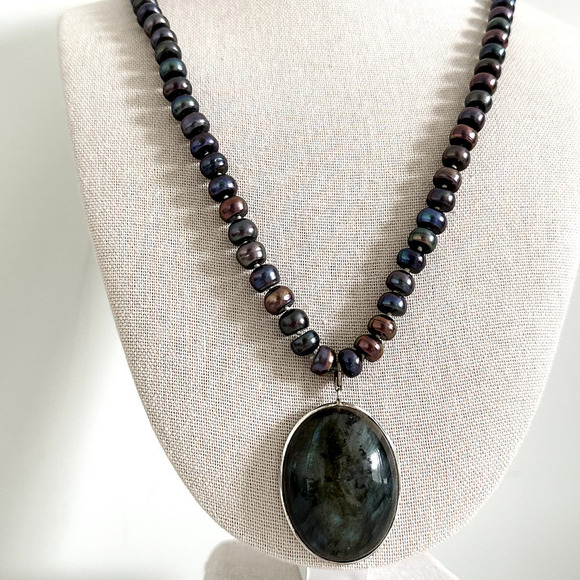 925 Sterling Silver Vintage Big Genuine Black Pearl Large Labradorite Necklace - Picture 1 of 15